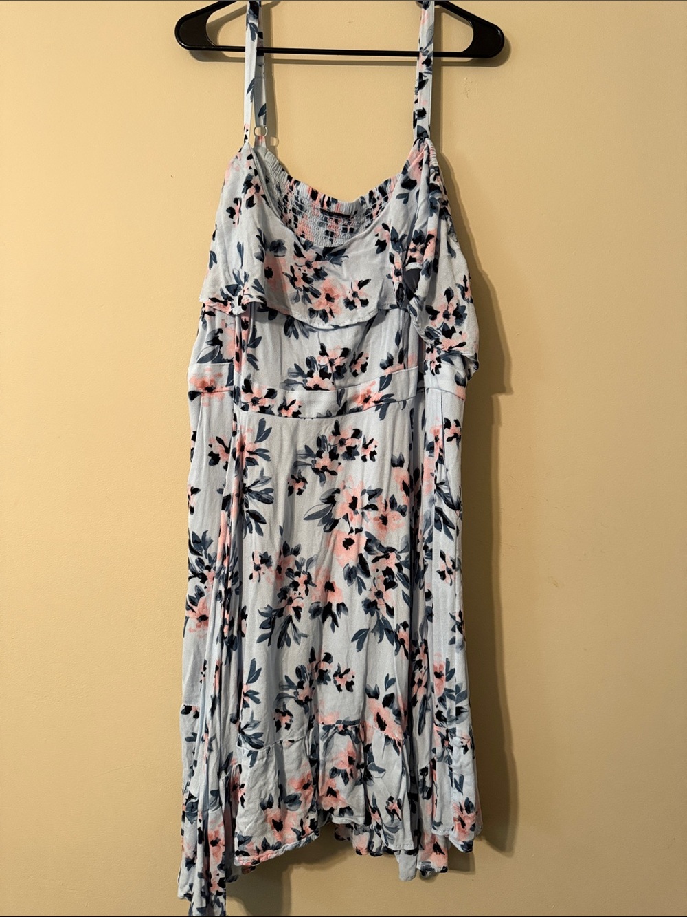 Light Blue Floral Spaghetti-Strap Dress with Pink Accents